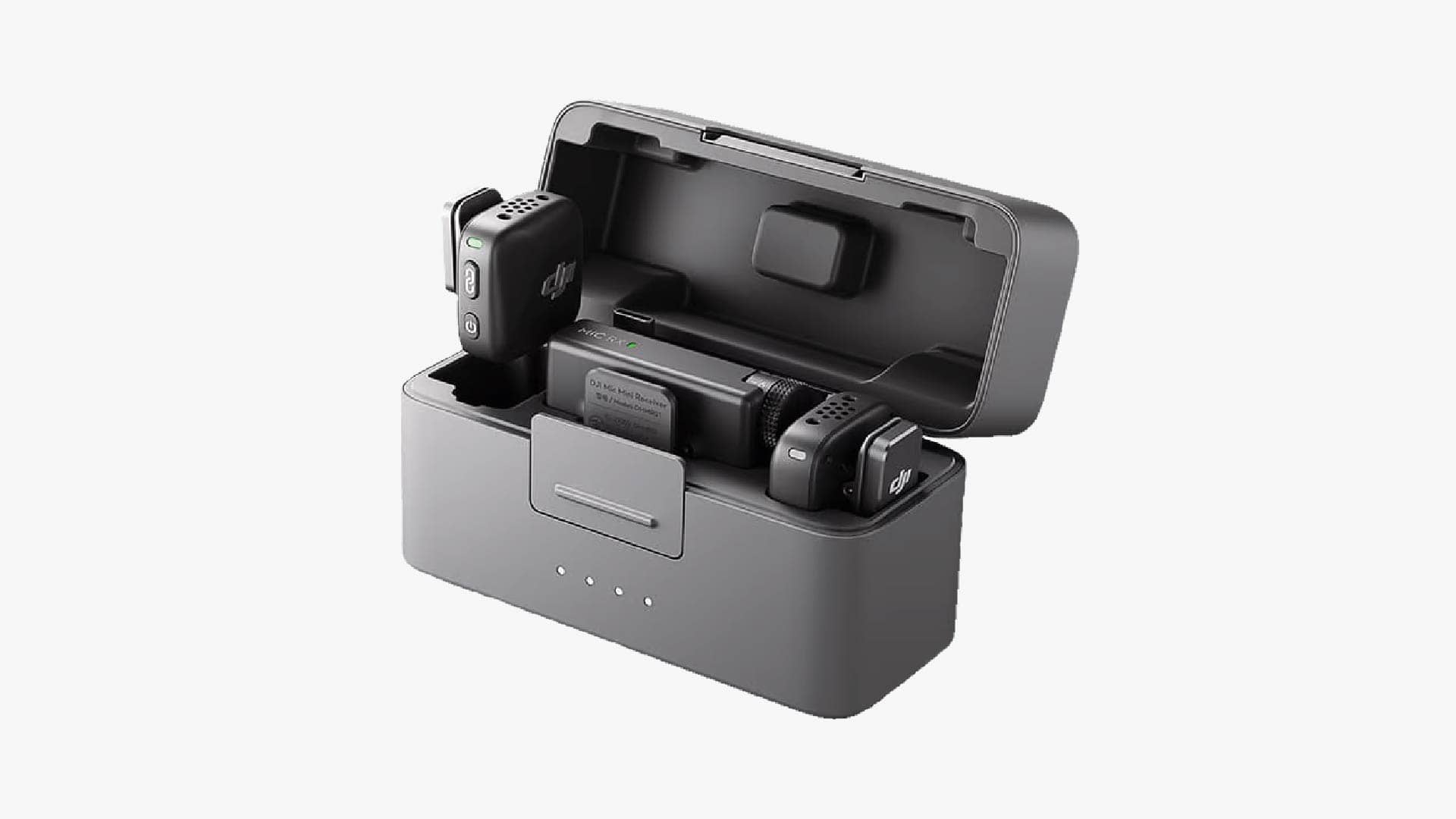 Image of a DJI Mic Mini placed over a gray background.