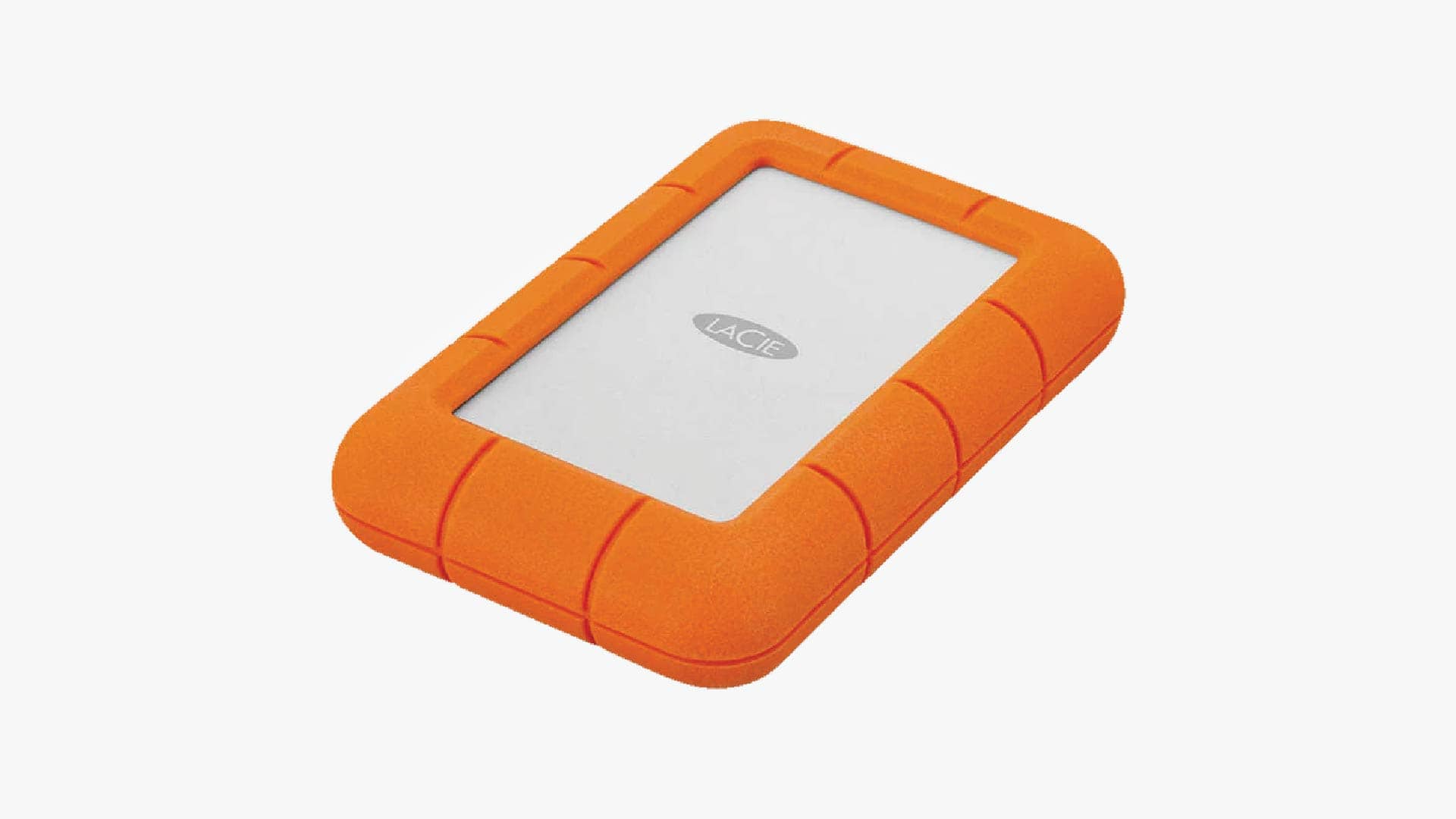 Image of a LaCie hard drive placed over a gray background.