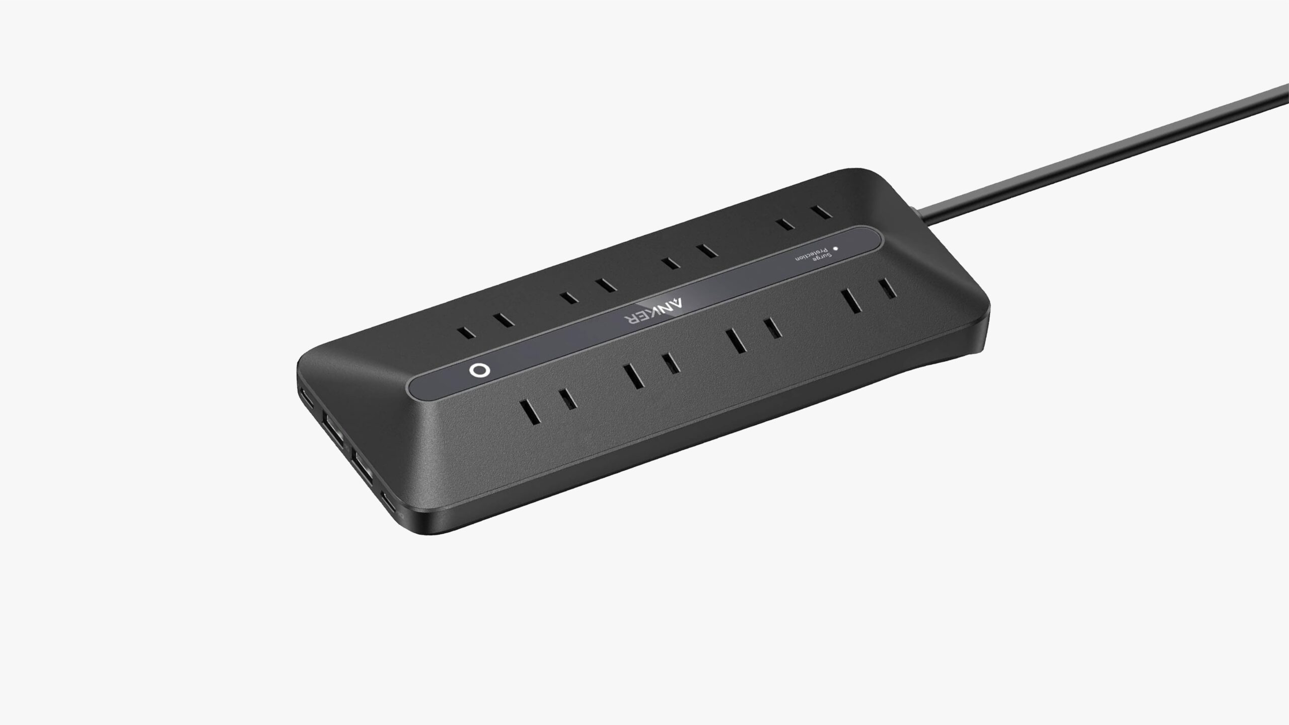 Image of an Anker power strip placed over a gray background.