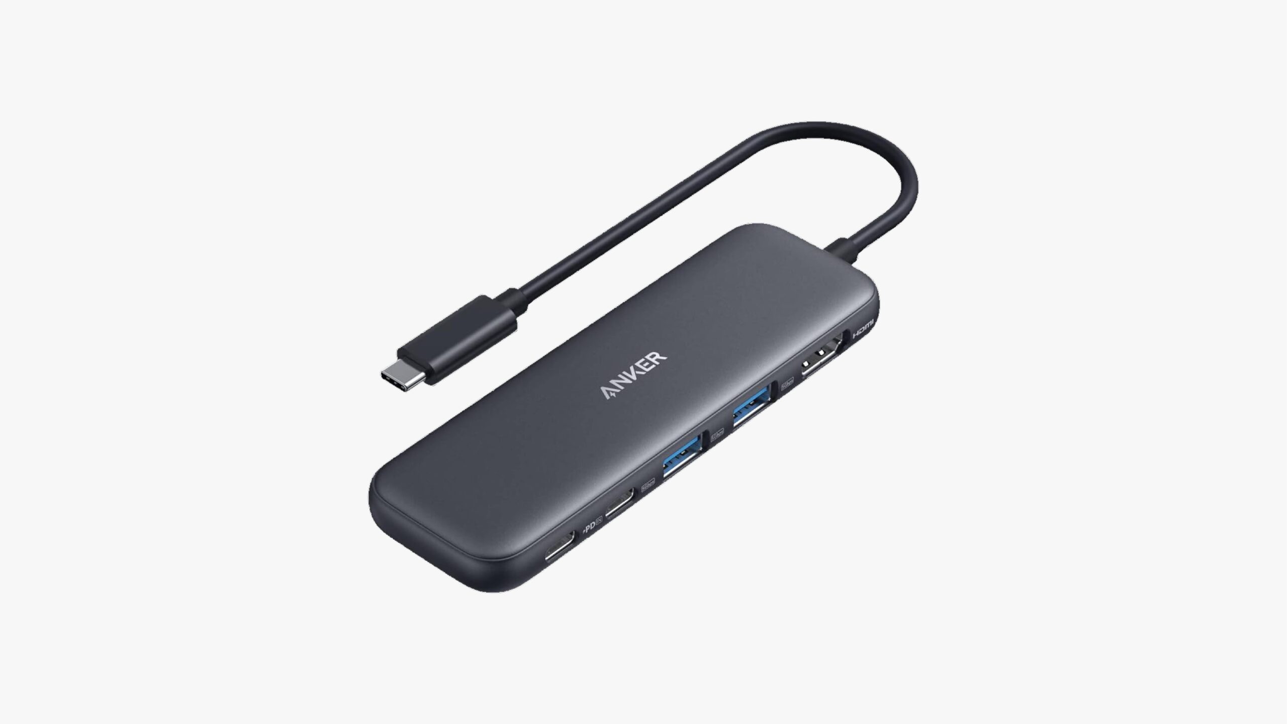 Image of an Anker hub adapter placed over a gray background.